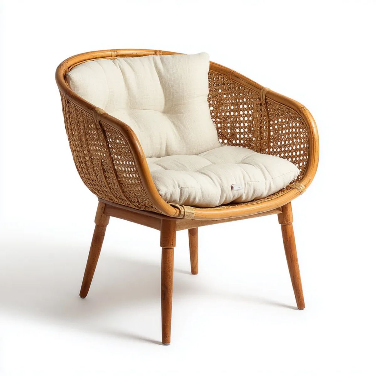 Fotel, Brązowy rattan z niebieskimi poduszkami, 74 x 76 x 82 cm