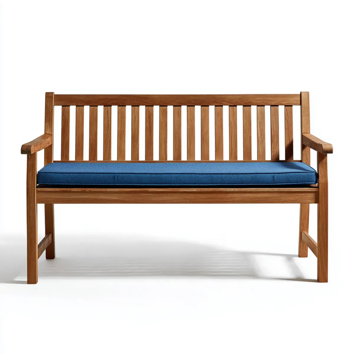 Ławka ogrodowa 2 -fotelik brązowy z niebieską poduszką siedzenia z litej acacia 120 x 65 x 90 cm prostokątna