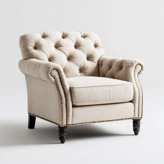Fotel, Chesterfield fotel kremowy w kapionym poliestrze 110 x 95 x 100 cm z podpórkami w cewkach