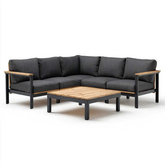 Sofa ogrodowa, 5- część taras salon zestaw antracyt z kanapą w kształcie litery L i acacia drewna stół 220 x 220 cm stalowy poliester