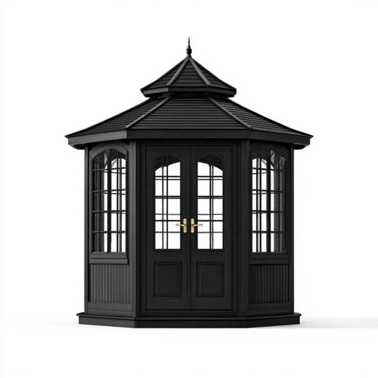 Altana lub pergola, Czarny drewniany ogród drewniany z drewnianymi drzwiami z szkła, 300 x 300 x 380 cm