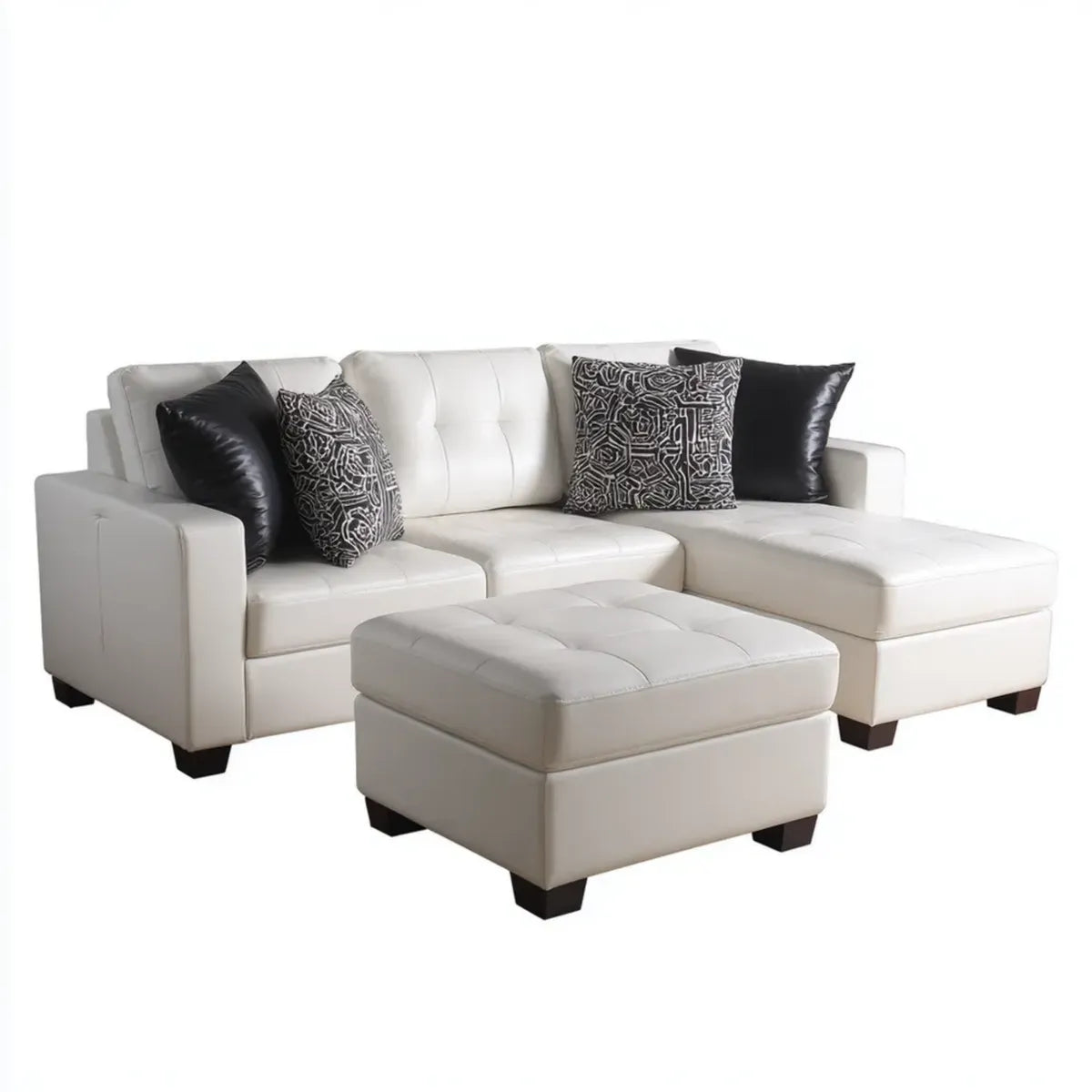 Sofa, Odwracalna sofa z szezlongiem i białym ottomanem ze skóry syntetycznej PU 230 x 150 x 88 cm